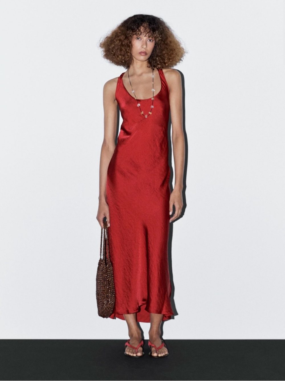 Massimo Dutti Red Satin Slip Dress - Women's Elegant Scoop Neck